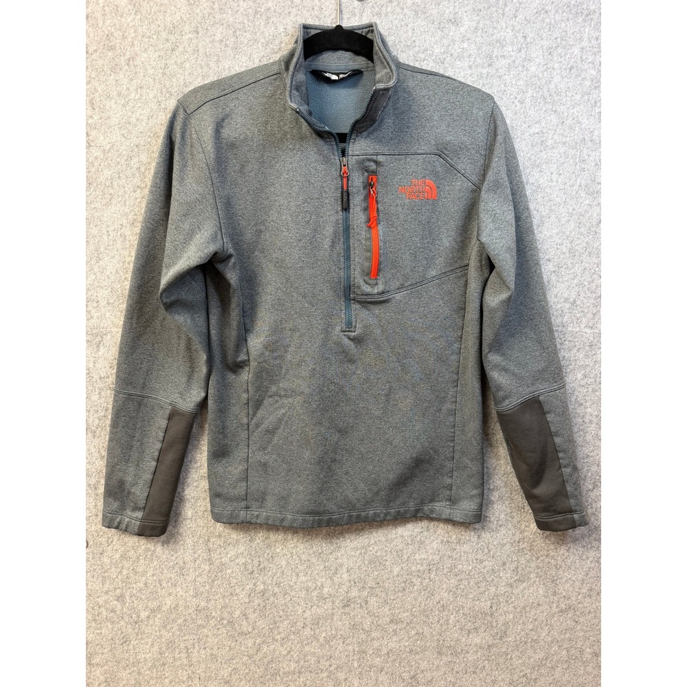 The North Face Mens Grey Quarter Zip Fleece Pullover Jacket Small Orange Logo